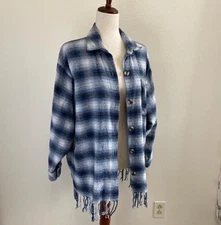 Sostanza blue and white plaid 100% cotton Jacket with fringe. Western Grunge Med