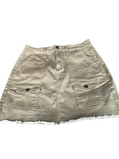 SO Beige Denim Cargo Mini Skirt Raw Hem Pockets Zip Closure Size 7/28W