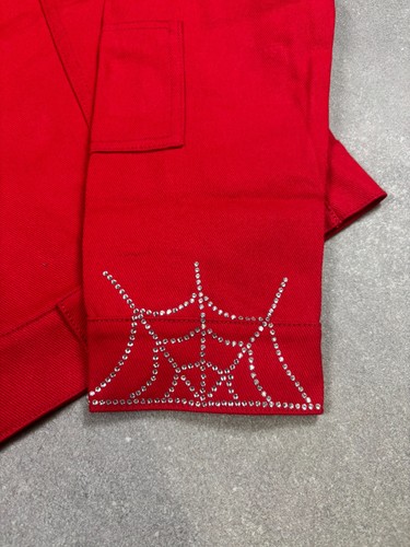 Sp5der Web Rhinestone Denim Cropped Trucker Jacket Red - 第 9/14 張圖片
