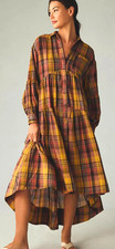 Pilcro Yellow Brown Orange Plaid Shirt Midi Dress Button Front Pockets Sz. M
