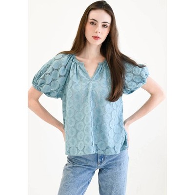 Never a Wallflower Gathered Eyelet Top Womens XS Blue Peasant Boho Embroidered