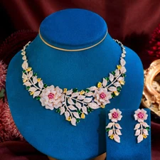 Luxury 18k Gold Plated CZ Multicolor Rose Flower Necklace Earrings Jewelry Set