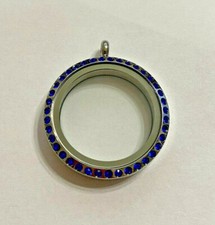 Round Floating Locket Stainless Steel 316L Glass, Blue Crystals, NEW