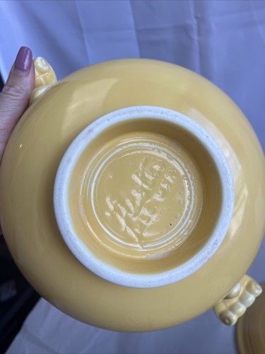 Vintage Fiesta gelb Fuß Kasserolle mit Deckel Fiestaware Rollgriff - Bild 11 von 15