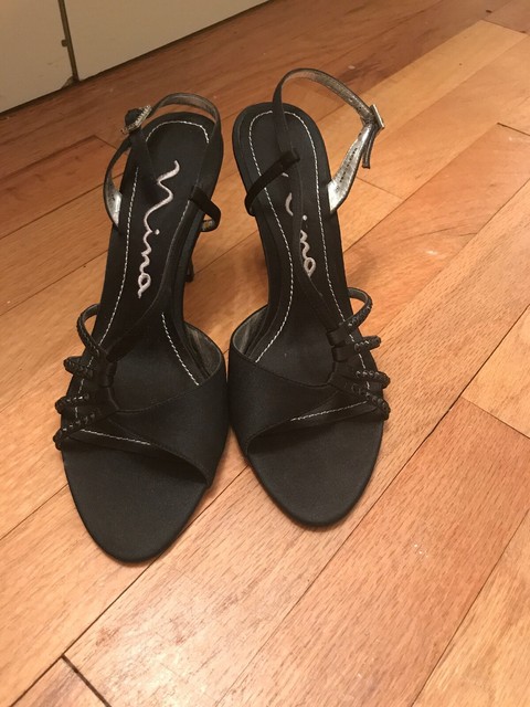 Nina Black Satin & Rhinestone Ankle Strap Dress Sandal Heel Shoes, Size 6.5 | eBay
