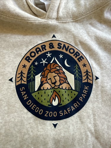 San Diego Zoo Safari Park Roar & Snore Hooded Sweatshirt Youth Small Oatmeal NWT - Picture 2 of 6