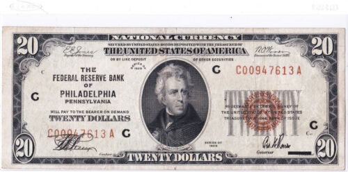 1929 $20 PHILADELPHIA PA Federal Reserve Bank Note Brown National Currency - Imagen 1 de 2