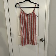 Forever 21 Mini  Dress Sz Medium Linen Blend Red Cream Spaghetti Straps Stripe