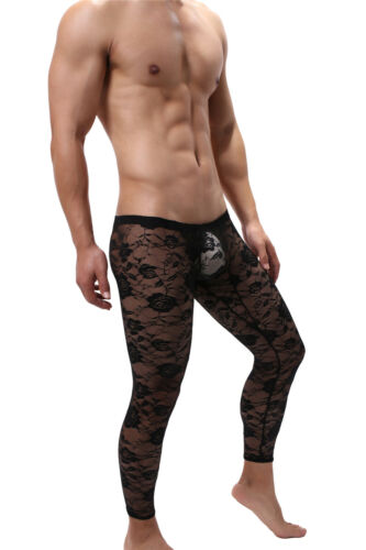 Pantalones Largos Leggings Para Hombre Sissy Floral Encaje Malla Transparente Bragas Gay Nuevos - Imagen 20 de 28