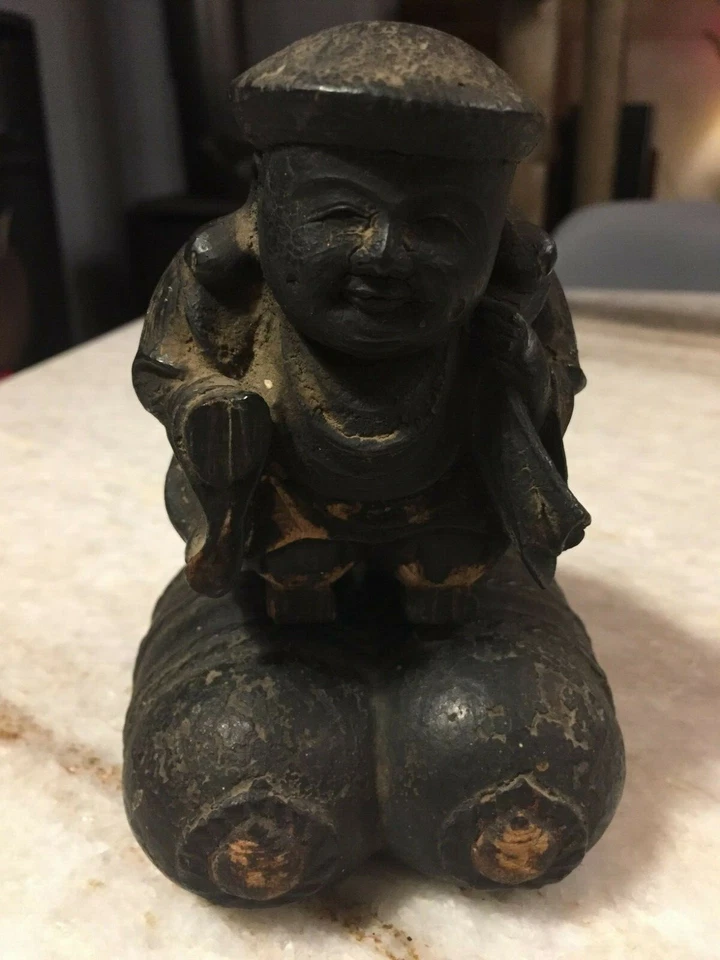 Estátua/escultura japonesa de madeira muito antiga de Daikokuten 大黒天 com estojo de cúpula de vidro - Imagem 3 de 4