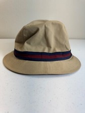 Vintage Stetson Khaki Cotton Fedora Hat Navy Burgundy Striped M Grandpa Fishing