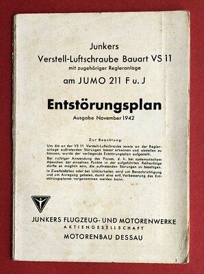 JUNKERS Entstörungs Plan 1942 Flugmotor JUMO 211 F u. J Verstell Luft ( F19756