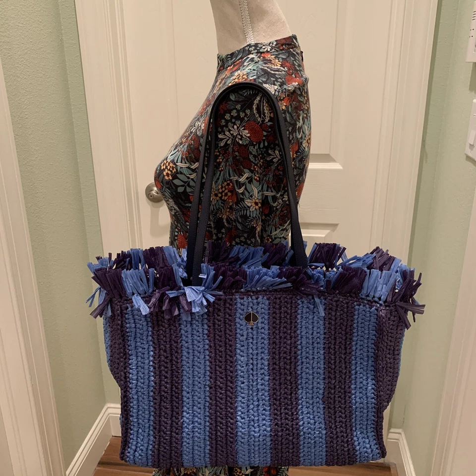 KATE SPADE Straw Sam Tote Large Tote Bag Handbag Blue Stripe NWT Authentic NEW
