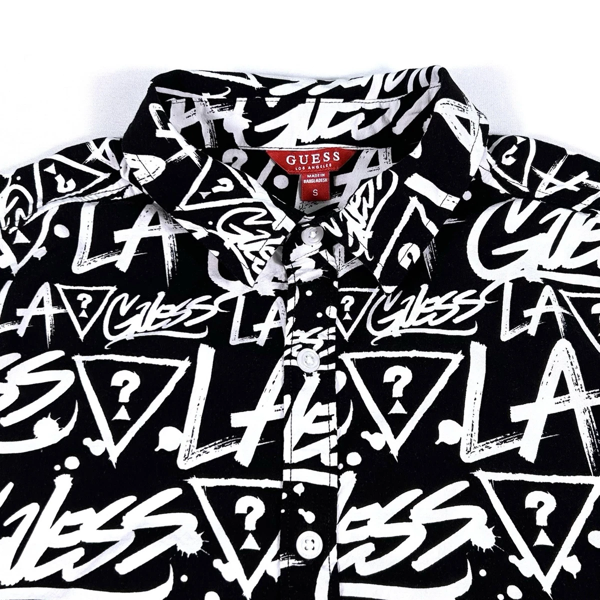 Camisa Guess Para Hombres S Negra Blanca LA Graffiti Estampado Rayón Elastizada SS Abotonada