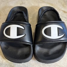 Champion Kids IPO Squish Slide Sandals Black White Logo Elastic Heel Strap 7C