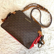 Borsa a tracolla Michael Kors MK Signature in pelle marrone rossa hardware oro