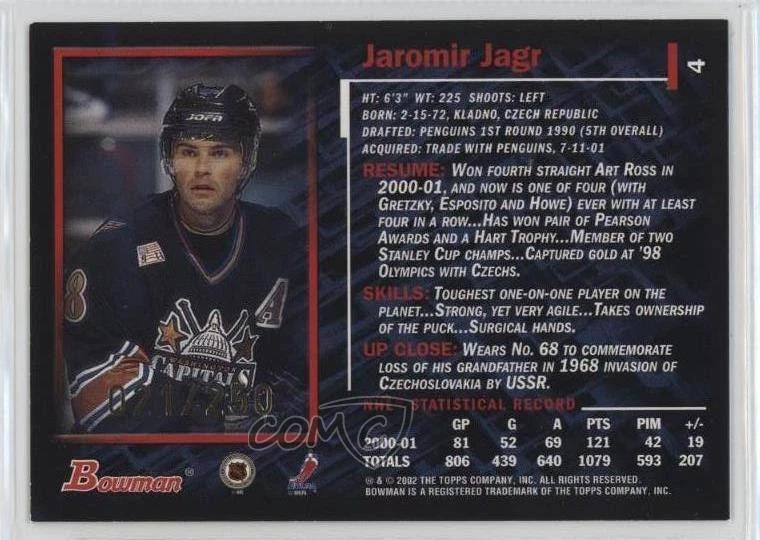 2001-02 Bowman YoungStars Gold /250 Jaromir Jagr #4 - Image 2 of 2