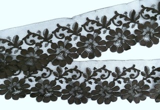 A 177" (450cm) LENGTH OF UNUSED ANTIQUE HANDMADE BLACK BLONDE LACE