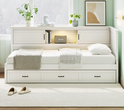 L-Shaped Corner Bed Frame with Storage, Bookcase & LED Light - White