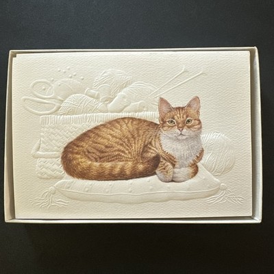 VTG Current Embossed Notecards Set Of 10 Feline Serenity 1989 Cat Yarn Knitting