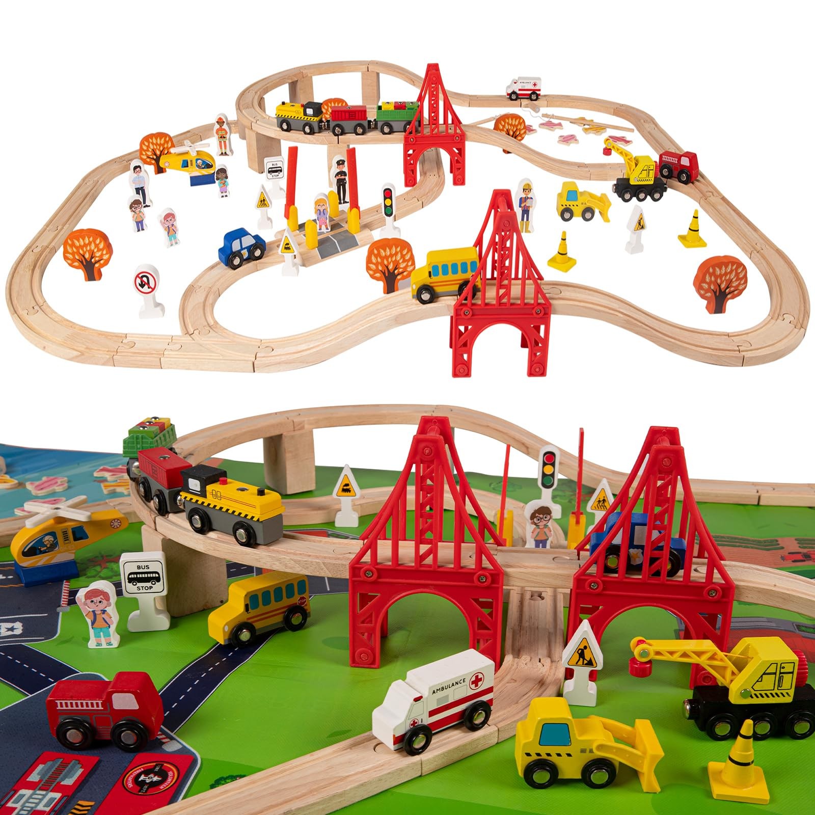 100 Pcs Wooden Train Track Set for Kids Ages 3-10 with Railway Vehicles