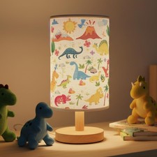 Dinosaur Lamp for Boys Room, 3 Colors Nightstand Light, Round Wood Base Flaxe...