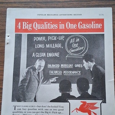 Mobil 4 Big Qualities in One Gasoline Magazine Advertisement Pegasus Logo