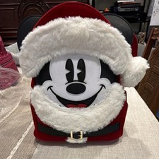 RARE Loungefly Disney Parks Mickey Mouse Santa Hat Faux Fur Mini Backpack