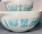 Orig Vintage PYREX 1957 "BUTTERPRINT" 2 CINDERELLA BOWL SET RARE 441 & 443 NM-