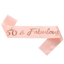 50th Birthday Sash, Fabulous 50 Birthday Rose Gold Satin Sash with Foil Lette...