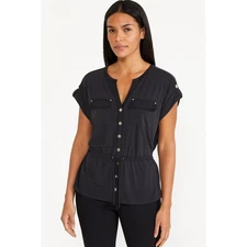 WHBM Top Blouse Petite Small V-Neck Tie Waist Snap Down Short Sleeve Charcoal