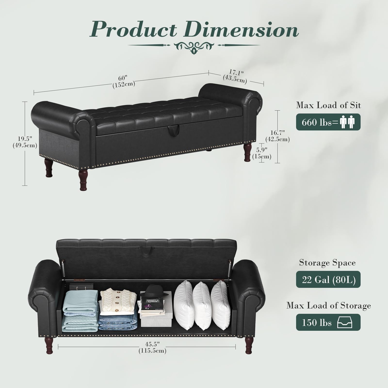 PU Leather Black Large 60 Inch Storage Bench For Bedroom End Of Bed Queen Size