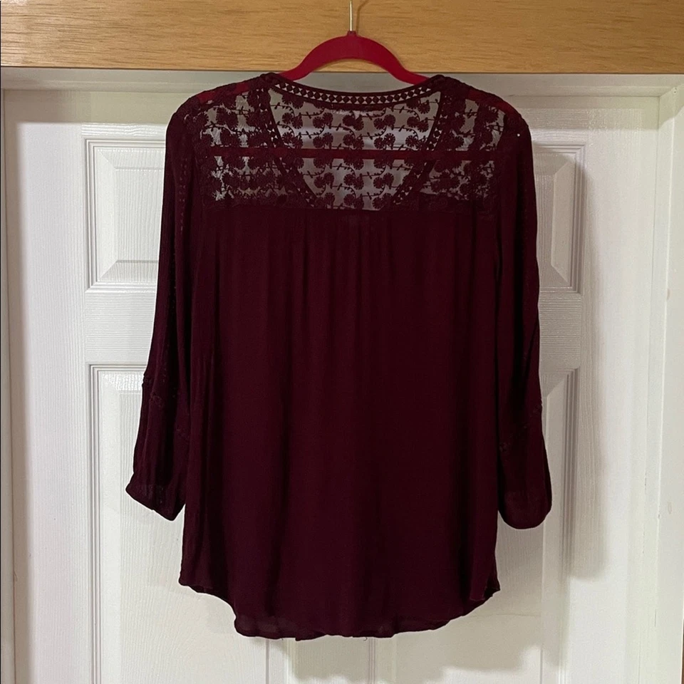 Blusa JohnPaulRichard Top Corte Encaje Transparente Rojo Vino Talla L Boho Crochet Borgoña Foto 3 de 4