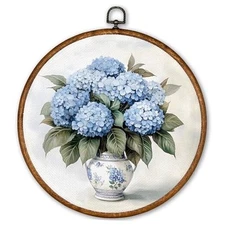 TLESKE Vintage Blue Hydrangea Flowers Round Wall Art Decor, Chinoiserie Spring 