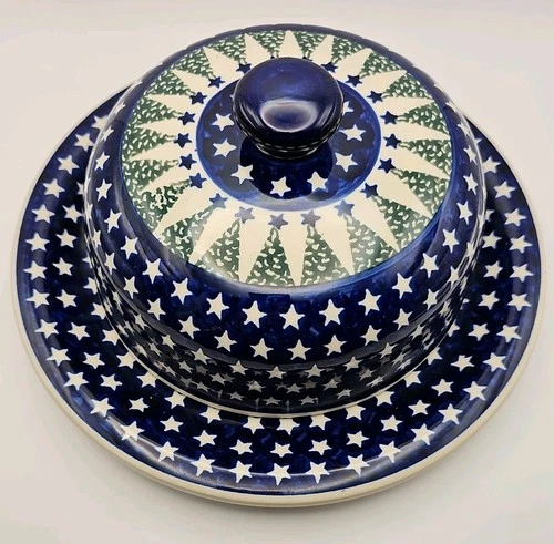 Boleslawiec Polish Pottery Covered Dome/Underplate Blue Stars Green Trees 10.5"