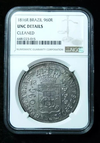 1816R Brazil 960 Reis Large Silver Coin - NGC UNC Details - Struck over Reals