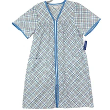 Vintage Smart Time Duster Robe Nightgown Housecoat Zip LARGE White Blue Pockets