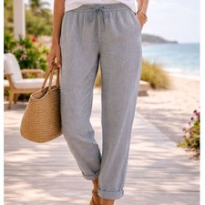 J. Crew Navy Striped Linen-Cotton Blend Drawstring Pants Size 12 Summer Vacation