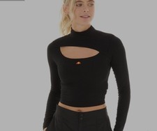Ellesse Leilah Black Cropped Top Long Sleeve Cut-out Front Size UK 14 RRP £29.99