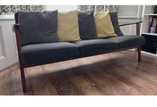 IKEA Blue Fabric 3-Seater Sofa Retro Art Nouveau Arms Wood Frame w/ Cushions