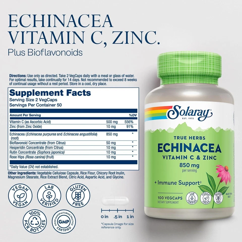 SOLARAY Equinácea Vitamina C y Zinc 850mg Más Bioflavonoides, Equinácea para Laboratorio Foto 2 de 4