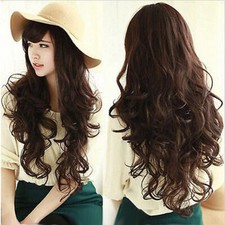 Fashion Long Dark Brown Curly Wavy Women's Lady Party Cosplay Hair Wig Wigs Cap