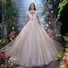 A-Line Princess Wedding Dresses High Neck Long Sleeve Lace Appliques Bridal Gown