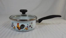 STP Goods Enamelware 1250mL (1.1 Quart) Saucepan w/ Glass Lid. Rooster, Flowers.