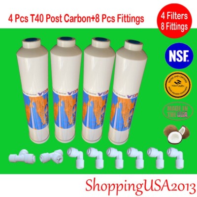 4 x T40 Inline Filter Post Carbon Coconut Water Filter RO + 8 Fitting Connectors