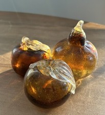 Murano Style Mid Century Hand Blown Amber Decorative Fruit Set Of 3