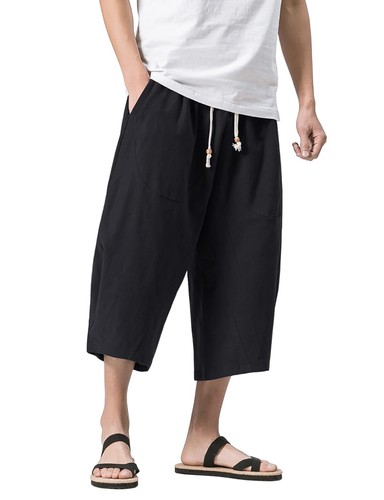 Men's Capri 3/4 Pants 4 Pockets Linen Cotton Shorts Baggy Loose Fit Casual Yoga - Picture 11 of 62