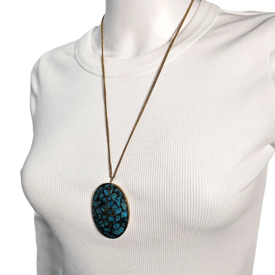 Colgante turquesa mosaico vintage y cadena de latón tono dorado 26" Foto 4 de 4