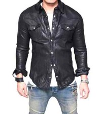 Men's Real Leather Shirt Military Style Pocket Biker Black Schwarz Lederhemd