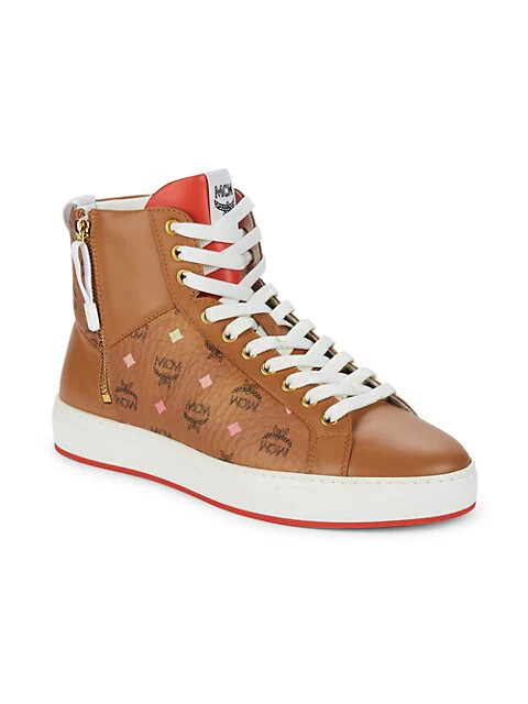 100% AUTHENTIC NEW MEN MCM COGNAC LOGO SIDE ZIP HIGH TOP SNEAKERS EU 45/US 12